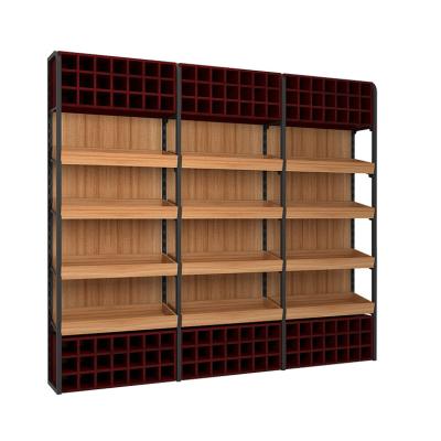 China Single Sided Metal And Wooden Wall Display Stand Liquor Wine Rack Display Shelving For Store Supermarket for sale