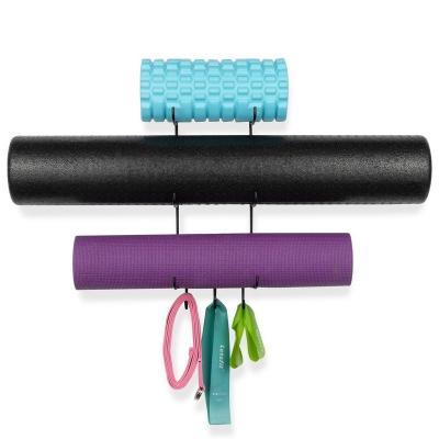 China Wall Mount Sustainable Yoga Mat Storage for Foam Roller and Yoga Brick with 3 Hooks for Yoga Hanging Strap and Resistance Bands Home Gym for sale