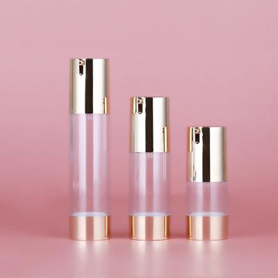 China BEAUTY PACKAGING Popular Aluminum U-type Spout 15/30/50ml Lotion Bottle Gold Essence Press Clear Bottle Logo Available for sale