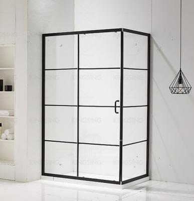 China Tropical Simple Corner Bathroom Screen Safety Glass With Screen Print Stripe Sliding Door Black Shower Enclosures for sale