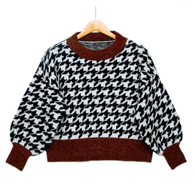 China Vintage Design Breathable Winter Puff Sleeve Women Houndstooth Knitted Crop Top Girls Sweaters for sale