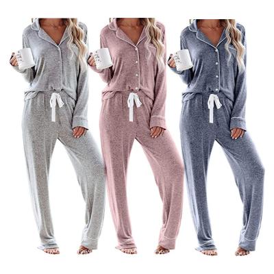 China 2021 New Women's Breathable Solid Top Sleepwear Two Piece Pajamas Long Sleeve Long Pants Sets For Women for sale