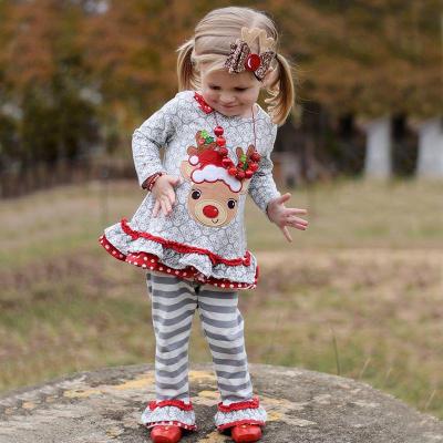 China 2021 Casual Wholesale Elk Long Sleeve Lovely Cotton Christmas Little Girls Dress Sets for sale