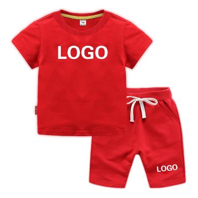 China Soft Summer Custom Logo Wholesale Children's Clothing T-shirts and Pants Set 100% Cotton Two Piece Girl's Boy's Shorts Sets for sale