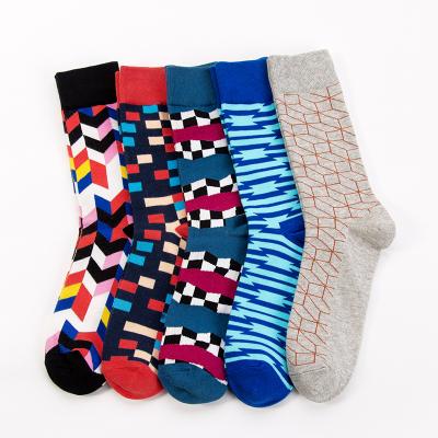 China 2019 New Autumn Wholesale Cotton Custom Geometry Jacquard Antibacterial Happy Colorful Men Dress Socks for sale