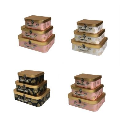 China Handmade high-end tan three-piece suitcase portable box with lock metal paper packing case with hand gift flower box for sale