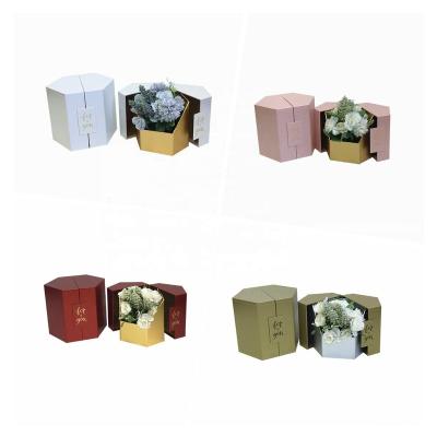 China Double Clamshell Hexagon Open Pink Flower Box Handmade Flower Gift Box for sale