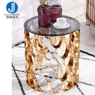 China Free Sample (Size) Adjustable Home Living Room Furniture Round No Metal Stainless Steel Gold Frame Top End Bent White Glass Tables for sale