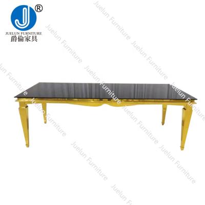 China Wedding Chinese black glass 8 seaters stainless steel gold event furniture factory glass 8 person dining table 10 person dining table lunch tables glass dining for sale