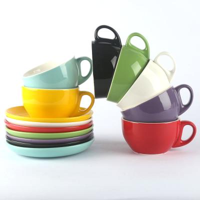 China Sustainable 6oz Color Glazed Ceramic Stoneware Coffee Tea Cups And Saucers Sets for sale