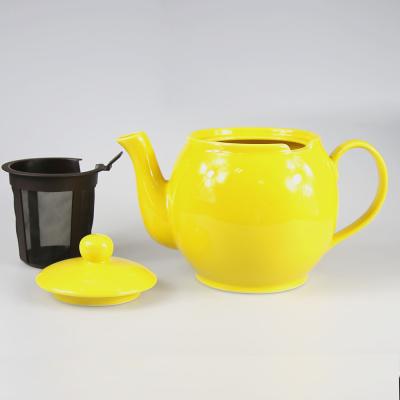 China Small Mini Yellow Solid Color Ceramic 500ml Viable Stoneware Teapot with Stainless Steel Infuser Set for sale