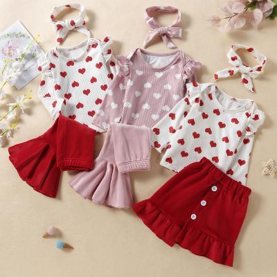 China Wholesale Casual Kids Girls Valentines Day Clothing Sets All Over Hearts Printed Pattern Ruffled Toddler Girls Spring Outfits for sale