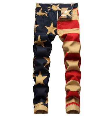 China 2022 Summer New Design Style National Flag Printing Custom Hip Hop Viable Mens Personality Loose Cargo Stacked Jeans Pants for sale