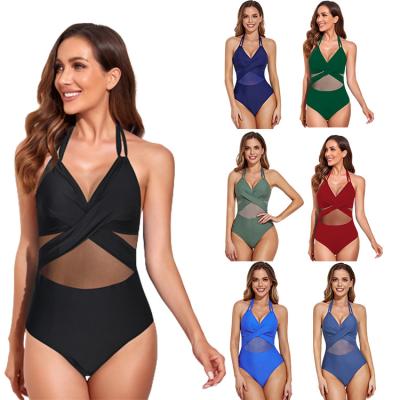 China 2022 Summer Retro V-Neck Swimsuit Front Cross Mesh Beach Sexy Breathable High Waisted Women One Piece Bikini High Waist for sale