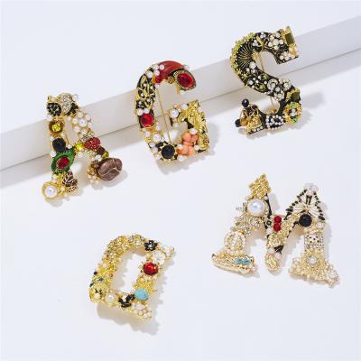 China ALLOY Fashion Design Gem Pearl Crystal Enamel Brooch Pin Unique Letters Brooches Pins Retro Initial Name for sale