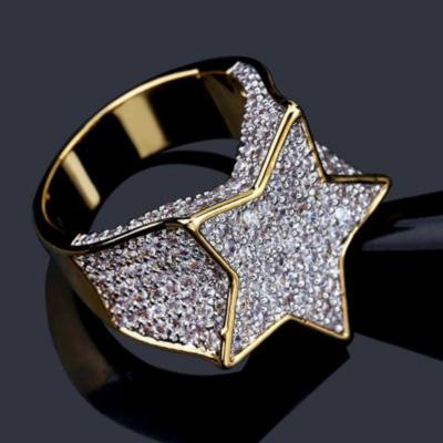 China Men's CLASSIC Iced Out Big Bold Star Shape Cubic Zircon Gold Hip Hop Silver Plated Ring CZ Ring Copper Band Micro Paved for sale