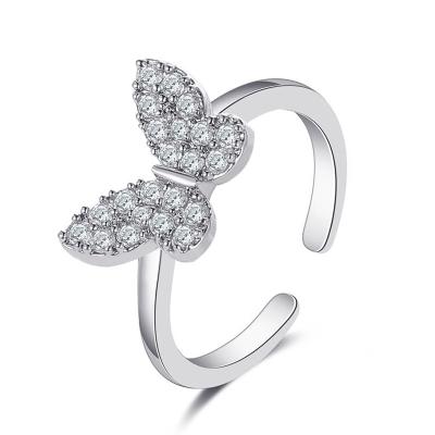 China Romantic Korean Crystal Butterfly Ring Simple Resizable Butterfly Zircon Rings For Women Jewelry for sale