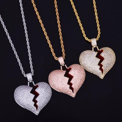 China Hiphop Hip Hop Men's Jewelry Gifts Solid Broken Heart Iced Out Gold Color Pendant Statement Necklace Cubic Zircon Necklace for sale