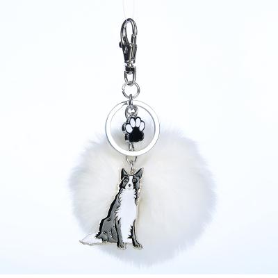 China Small Rabbit Fur Pompom Border Collie Key Chains For Women Men's Pom Pom Ball Dog Pendant Bag Charm Cute Keychain Car's Key Chain for sale