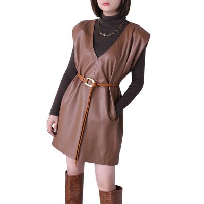 China New 2022 Breathable Women Fashion Loose And Comfortable Genuine Leather Jumper Skirt Sleeveless Dress for sale