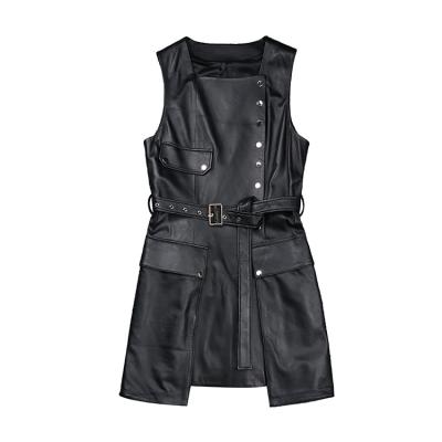 China Breathable High Fashion Military Women Dress Luxurious Lamb Genuine Leather Short Dress for sale