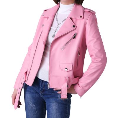 China Breathable Classic Motorcycle Jacket Women's Pink Genuine Leather Sheepskin Coat Zipper Coat for sale