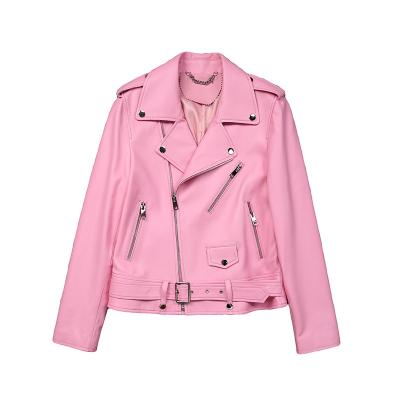 China Breathable Classic Motorcycle Jacket Women's Pink Genuine Leather Sheepskin Coat Zipper Coat for sale