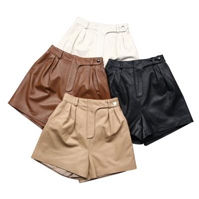 China 2022 new arrival breathable elastic waist leather wide leg shorts real sheep skin leather pants for women for sale