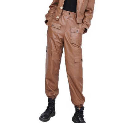 China New Fashion Breathable Elastic Waist Lambskin Military Pocket Pants Genuine Leather Cargo Pants Trousers for sale