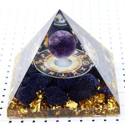 China Europe Hot Sell Blue Gold Sand Stone Amethyst Crystal Pyramids Resin Energy Generator Orgonite Pyramids for sale