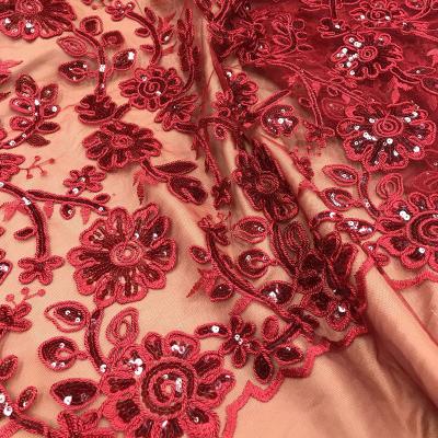 China Custom Viable Pattern Pearl Disc Embroidery Fabric Sequin Embroidery Fabric Wedding Dress Embroidery Flower Lace Fabric for sale