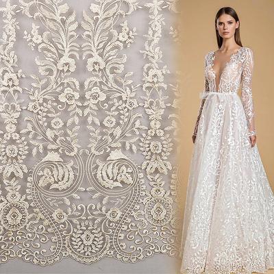 China Sustainable Textile Fabric Noble Light Luxury Dress Plain Embroidery Fabric Wedding Can Be Customized Color Sequin Embroidered Lace Fabric for sale