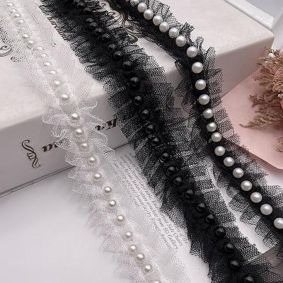 China Mesh Fold Handmade Beaded Ribbon Pearl Lace Barcode Barcode Hair Accessories Lace Customized Clothing Accessories Beaded Lace for sale