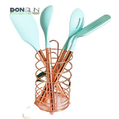 China Sustainable 5pcs Silicone Kitchen Utensils Set With Stainless Steel Copper Coated Handle for sale