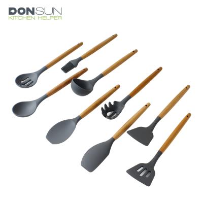 China Sustainable 9pcs Silicone Kitchen Accessories Utensils Set With Wooden Handle Kitchen Gadgets Tools for sale