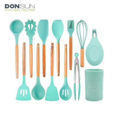 China Amazon Sustainable Hot Sale Cooking 13 Pieces Silicone Kitchen Utensils Set With Plastic Bucket for sale