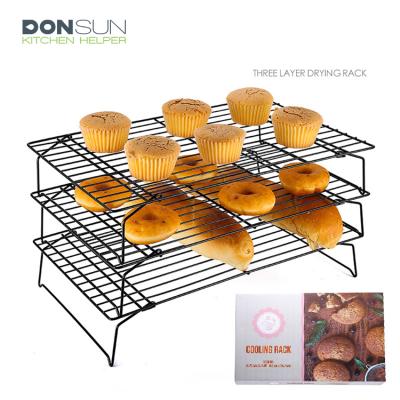 China Carbon Steel Sustainable Non-Stick Bakery Rack 3 Tier Folding Cake Bread Cooling Rack for sale