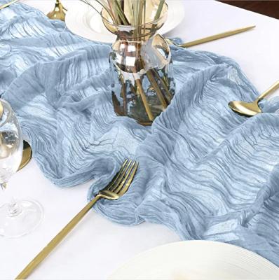 China Other 28x120inch Pure Wedding Party Cake Table Decorations Buttercloth Bridal Table Runner Dusty Blue Boho Gauze Rustic for sale