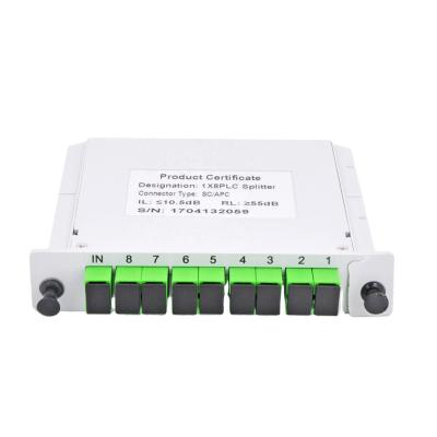 China FTTH FTTB FTTX network 1x8 fiber optic casseate type PLC splitter with sc/upc APC connector for sale