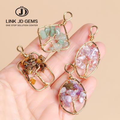 China Natural Ancient Gemstone Crystal Healing Jewelry Geometry Leaf Chakra Chip Stone Mateiral Copper Pendant For Women Wrapped Style for sale