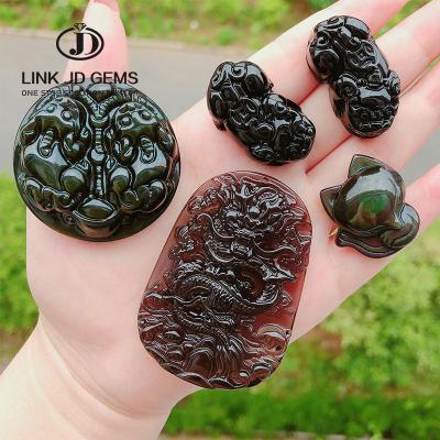 China PiXiu CLASSIC Natural Obsidian Carved Dragon Fox Pendant Diy Jewelry Accessories For Necklace Making Lucky Healthy Men Gift for sale