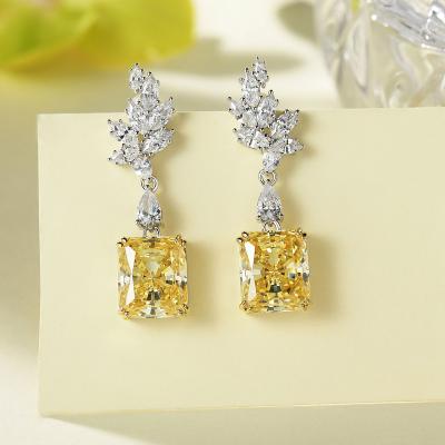 China 11*13mm Large Romantic Luxury Brilliant Yellow Diamond 925 Sterling Silver Rectangle Cut Zirconia Stud Earrings For Woman for sale