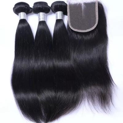 China Silky Straight Wave Hair 4x4 Lace Closure With Bundles Straight Hair Bundles With Closure Remy Brazilian Human Hair 3 Bundles With Closure for sale