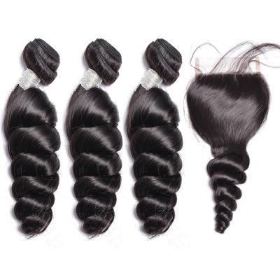 China Loose Wave Cuticle Align Indian Spring Loop Loose Wave Bundles With Closure 100% Remy Human Hair 3 Bundles With 4*4 Lace Up Closure Free Piece for sale