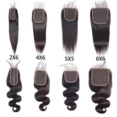 China Natural Wave Preplucked Hair Lace Closure 2x6 4x4 Lace Up Closure 5x5 6x6 7x7 Full Size Lace Closure Straight Body With Baby Hair for sale