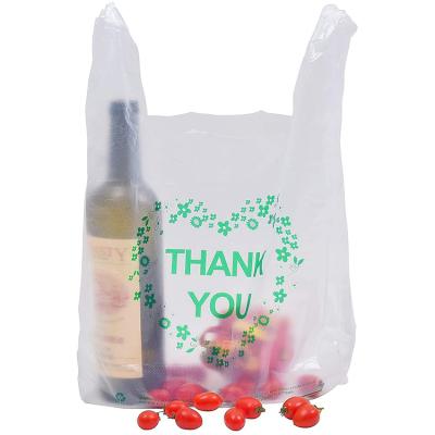 China Big Small White Recyclable Thank You Clear Plastic T Shirt Shopping Bags With Custom Logo Printed Grocery T Shirt Bags for sale