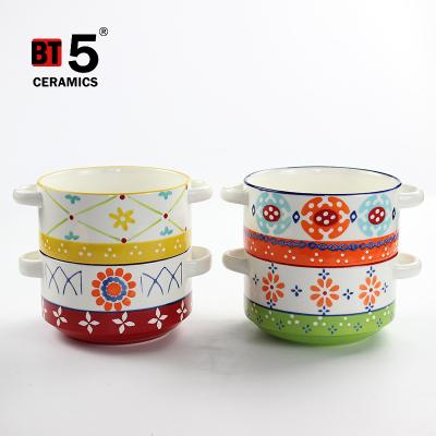 China Sustainable Flowers Painting Modern Soup Pots With Hallow Handle , Ceramic Wholesale Soup Bowl for sale