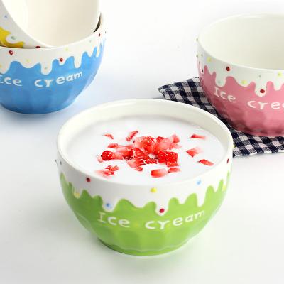 China Sustainable Porcelain Ice Cream Bowl , Emboss Letter Design Gloss Color Porcelain Pudding Sub Fruit Salad for sale