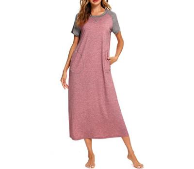 China New Breathable Spring and Summer Splicing Under Robe Pocket Split Short Sleeve Nightgown for sale