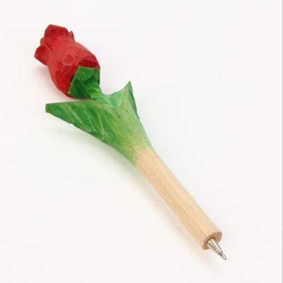 China Wooden Gift and Craft Carve Pen Rose Flower Shape Natural Style Creative Handmade Environmentally Friendly Wooden Carve Pen for sale